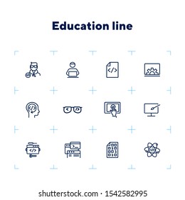 Education line icon set. Set of line icons on white background. Notebook, internet, studying. Self-education concept. Vector illustration can be used for topics like technology, devices, modern life