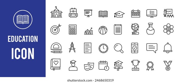 Conjunto de iconos de línea de Educación. Conjunto de iconos de línea fina de Educación y aprendizaje. Educación, escuela, universidad, libro de texto, iconos editables de la educación del aprendizaje. Ilustración vectorial.