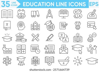 Education line icon set. Learning icons for web and mobile app. E-learning, video tutorial,city, pin, office, phone, client, pen, suitcase and more.Vector and illustrator set.