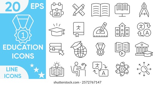 Education line icon set. Learning icons for web and mobile app. E-learning, video tutorial,city, pin, office, phone, client, pen, suitcase and more.Vector and illustrator set.