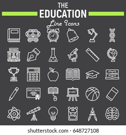 Education line icon set, school symbols collection, knowledge vector sketches, logo illustrations, linear pictograms package isolated on black background, eps 10.