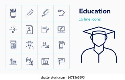 Education line icon set. Stationery, graduation, books. Studying concept. Can be used for topics like training courses, distance learning, university degree