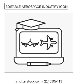  Education line icon. Studying flight vehicles. Blackboard and academic cap. Aeroplanes projecting and building. Aerospace industry concept. Isolated vector illustration. Editable stroke