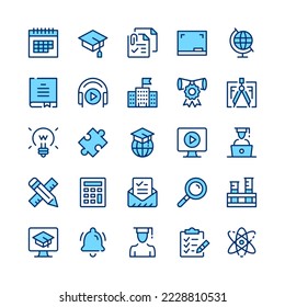 Iconos de la línea de educación. Color azul. Conjunto de iconos de línea de vector