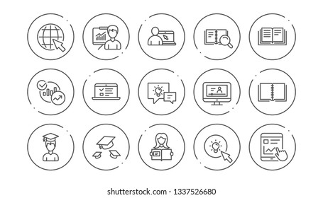 Education line icons. Book, Video tutorial and Instructions. Presentation linear icon set. Line buttons with icon. Editable stroke. Vector