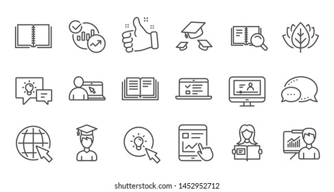 Education line icons. Book, Video tutorial and Instructions. Presentation linear icon set. Quality line set. Vector