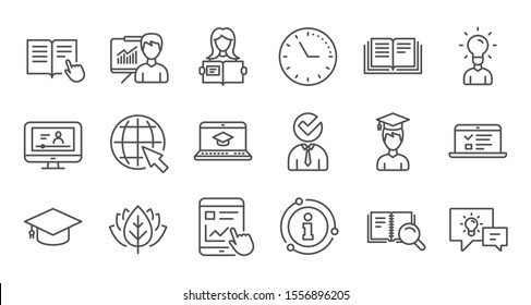 Education line icons. Book, Video tutorial and Instructions. Presentation linear icon set. Quality line set. Vector