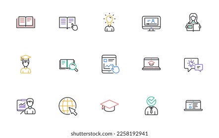 Education line icons. Book, Video tutorial and Instructions. Presentation linear icon set. Bicolor outline web elements. Vector