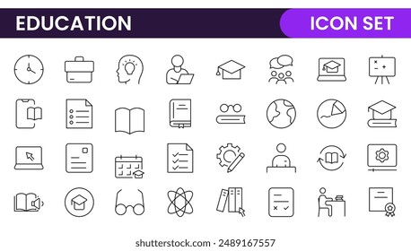 "Education line icons collection. Big UI icon set in a flat design. Thin outline icons pack. Thin line icons set of academic subjects and education. Outline symbol collection.
"