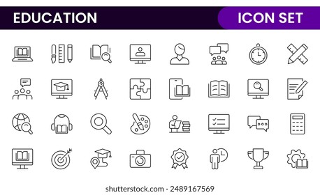 "Education line icons collection. Big UI icon set in a flat design. Thin outline icons pack. Thin line icons set of academic subjects and education. Outline symbol collection.
"