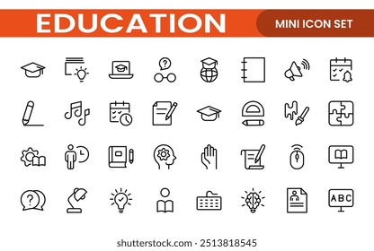 Education line icons collection. Big UI icon set in a flat design. Thin outline icons pack. Thin line icons set of academic subjects and education. Outline symbol collection.
