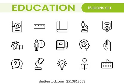 Coleção de ícones de linha de formação educacional. Ícone de IU grande definido em um design plano. Pacote fino de ícones de estrutura de tópicos. Linha fina ícones conjunto de assuntos acadêmicos e educação. Coleção de símbolos de tópicos.
