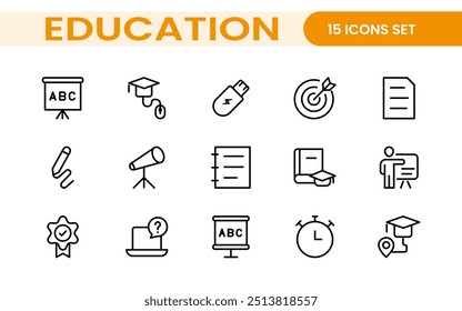 Education line icons collection. Big UI icon set in a flat design. Thin outline icons pack. Thin line icons set of academic subjects and education. Outline symbol collection.
