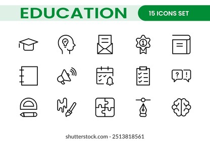 Education line icons collection. Big UI icon set in a flat design. Thin outline icons pack. Thin line icons set of academic subjects and education. Outline symbol collection.
