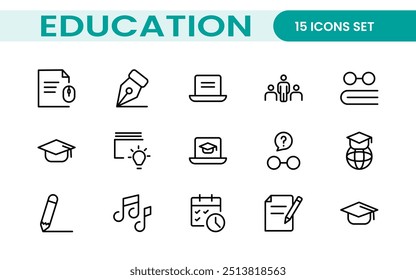 Education line icons collection. Big UI icon set in a flat design. Thin outline icons pack. Thin line icons set of academic subjects and education. Outline symbol collection.
