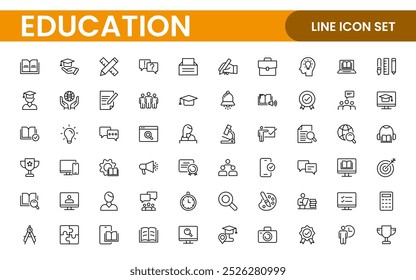 colección de iconos de línea de Educación. Icono grande de la interfaz de usuario establecido en un diseño plano. Paquete de iconos de contorno delgado. Conjunto de iconos de línea delgada de materias académicas y educación. Colección de símbolo de contorno.