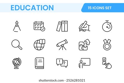 Education line icons collection. Big UI icon set in a flat design. Thin outline icons pack. Thin line icons set of academic subjects and education. Outline symbol collection.