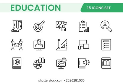 Education line icons collection. Big UI icon set in a flat design. Thin outline icons pack. Thin line icons set of academic subjects and education. Outline symbol collection.