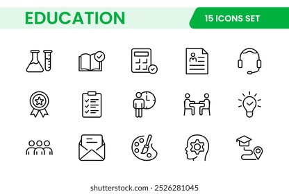 Education line icons collection. Big UI icon set in a flat design. Thin outline icons pack. Thin line icons set of academic subjects and education. Outline symbol collection.