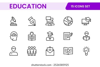 Education line icons collection. Big UI icon set in a flat design. Thin outline icons pack. Thin line icons set of academic subjects and education. Outline symbol collection.