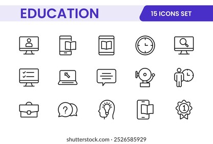 Education line icons collection. Big UI icon set in a flat design. Thin outline icons pack. Thin line icons set of academic subjects and education. Outline symbol collection.