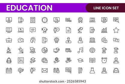 Education line icons collection. Big UI icon set in a flat design. Thin outline icons pack. Thin line icons set of academic subjects and education. Outline symbol collection.