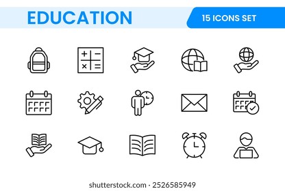 Education line icons collection. Big UI icon set in a flat design. Thin outline icons pack. Thin line icons set of academic subjects and education. Outline symbol collection.