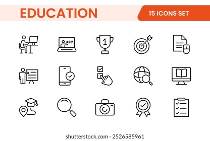 Education line icons collection. Big UI icon set in a flat design. Thin outline icons pack. Thin line icons set of academic subjects and education. Outline symbol collection.