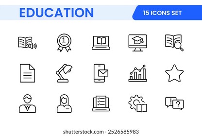 Education line icons collection. Big UI icon set in a flat design. Thin outline icons pack. Thin line icons set of academic subjects and education. Outline symbol collection.