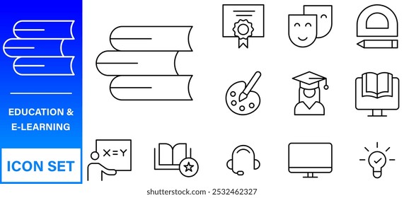 Education line icons collection. Big UI icon set in a flat design. Thin outline icons pack. Thin line icons set of academic subjects and education. Outline symbol collection.