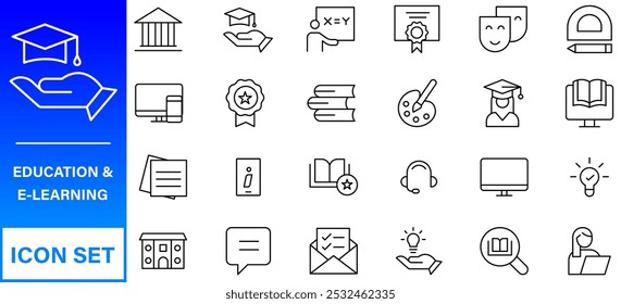 Education line icons collection. Big UI icon set in a flat design. Thin outline icons pack. Thin line icons set of academic subjects and education. Outline symbol collection.