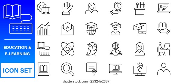 Education line icons collection. Big UI icon set in a flat design. Thin outline icons pack. Thin line icons set of academic subjects and education. Outline symbol collection.