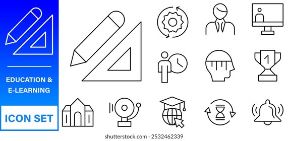 Education line icons collection. Big UI icon set in a flat design. Thin outline icons pack. Thin line icons set of academic subjects and education. Outline symbol collection.