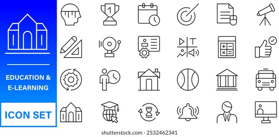 Education line icons collection. Big UI icon set in a flat design. Thin outline icons pack. Thin line icons set of academic subjects and education. Outline symbol collection.