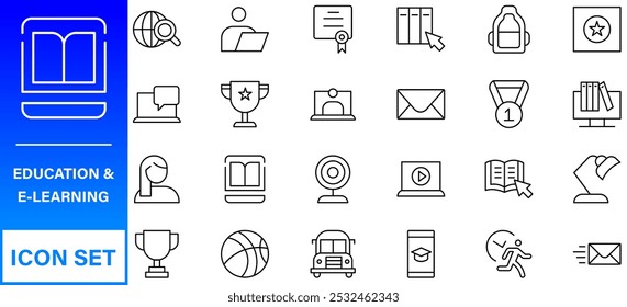 Education line icons collection. Big UI icon set in a flat design. Thin outline icons pack. Thin line icons set of academic subjects and education. Outline symbol collection.