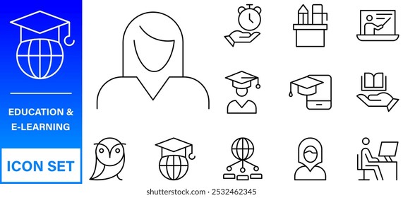 Education line icons collection. Big UI icon set in a flat design. Thin outline icons pack. Thin line icons set of academic subjects and education. Outline symbol collection.