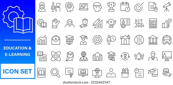 Education line icons collection. Big UI icon set in a flat design. Thin outline icons pack. Thin line icons set of academic subjects and education. Outline symbol collection.