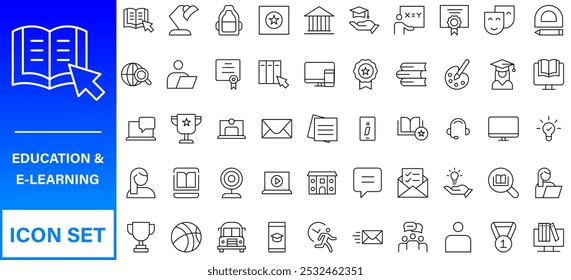 Education line icons collection. Big UI icon set in a flat design. Thin outline icons pack. Thin line icons set of academic subjects and education. Outline symbol collection.