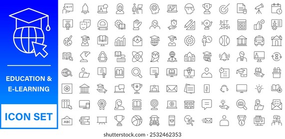 Education line icons collection. Big UI icon set in a flat design. Thin outline icons pack. Thin line icons set of academic subjects and education. Outline symbol collection.