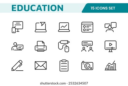 Education line icons collection. Big UI icon set in a flat design. Thin outline icons pack. Thin line icons set of academic subjects and education. Outline symbol collection.