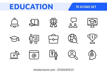 Education line icons collection. Big UI icon set in a flat design. Thin outline icons pack. Thin line icons set of academic subjects and education. Outline symbol collection.