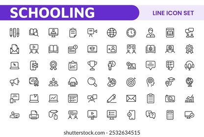 Education line icons collection. Big UI icon set in a flat design. Thin outline icons pack. Thin line icons set of academic subjects and education. Outline symbol collection.