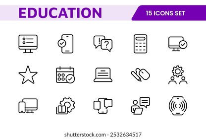 Education line icons collection. Big UI icon set in a flat design. Thin outline icons pack. Thin line icons set of academic subjects and education. Outline symbol collection.