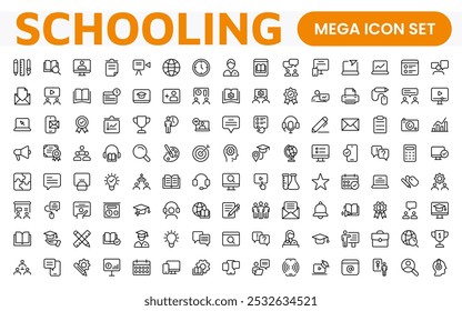 Education line icons collection. Big UI icon set in a flat design. Thin outline icons pack. Thin line icons set of academic subjects and education. Outline symbol collection.