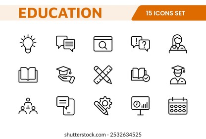 Education line icons collection. Big UI icon set in a flat design. Thin outline icons pack. Thin line icons set of academic subjects and education. Outline symbol collection.