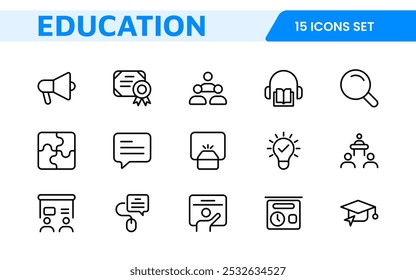 Education line icons collection. Big UI icon set in a flat design. Thin outline icons pack. Thin line icons set of academic subjects and education. Outline symbol collection.