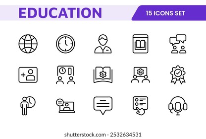 Education line icons collection. Big UI icon set in a flat design. Thin outline icons pack. Thin line icons set of academic subjects and education. Outline symbol collection.