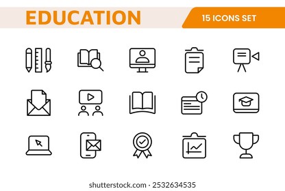 Education line icons collection. Big UI icon set in a flat design. Thin outline icons pack. Thin line icons set of academic subjects and education. Outline symbol collection.