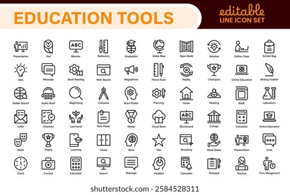 Education line icons collection. Big UI icon set in a flat design. Thin outline icons pack. Thin line icons set of academic subjects and education. Outline symbol collection.
