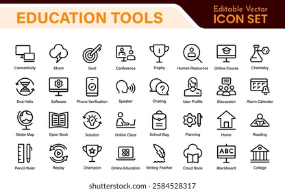 Education line icons collection. Big UI icon set in a flat design. Thin outline icons pack. Thin line icons set of academic subjects and education. Outline symbol collection.
